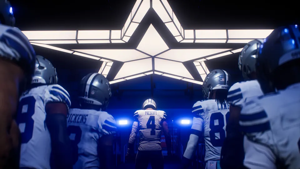 Dallas Cowboys players walk out of the tunnel under a glowing star in Madden NFL 27