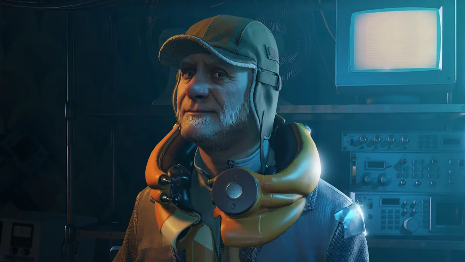 Russell, in a cap and orange scarf, in a workshop full of radios and monitors in Half-Life: Alyx