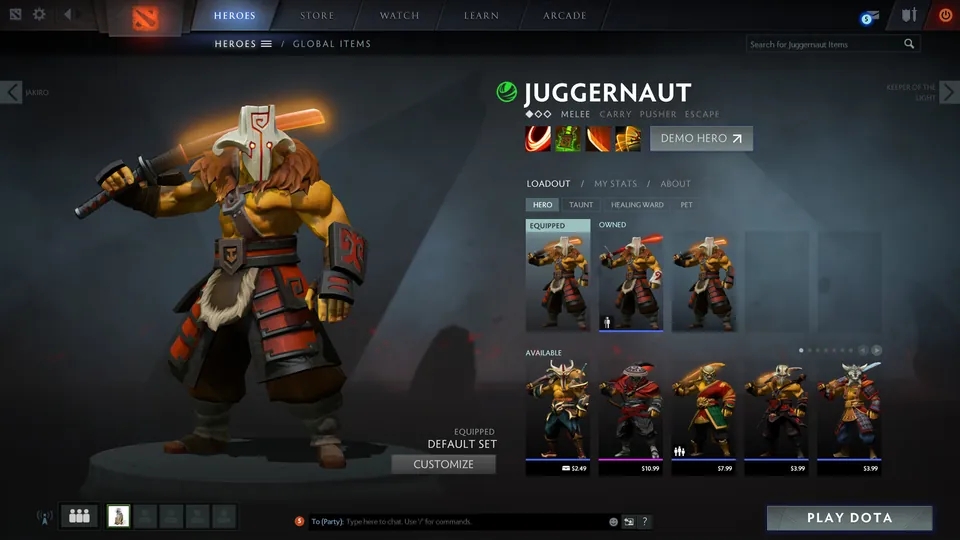 Dota 2 heroes screen showing Juggernaut in a white mask with a glowing sword, beside a row of equippable item sets