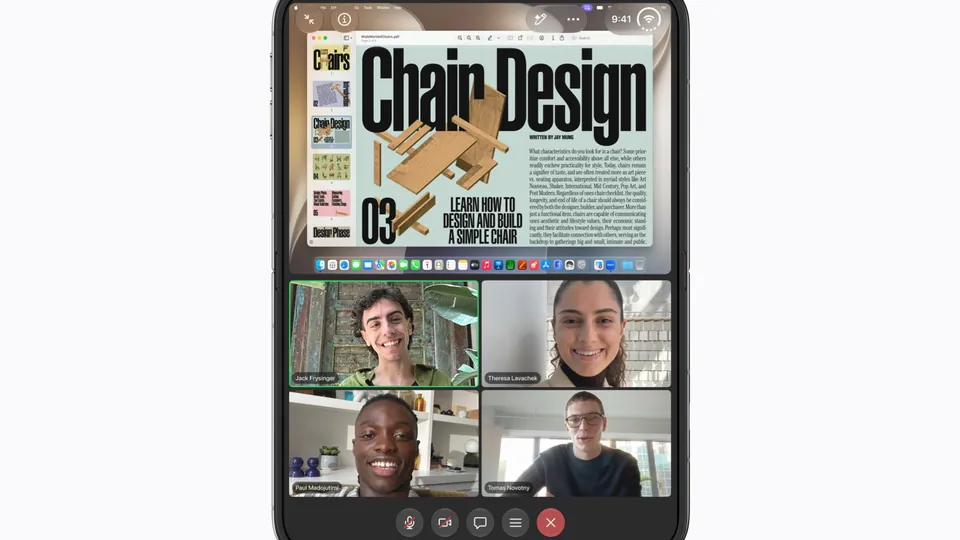 An open iPhone Duo shows a magazine page above a video call with four people