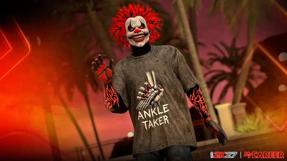 A MyPLAYER in the Clown Costume: Ankle Taker with red hair and a skull shirt in NBA 2K27
