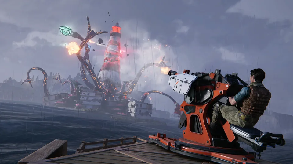 Isles of Abyss screenshot: a player fires a deck turret at a lighthouse wrapped in giant tentacles