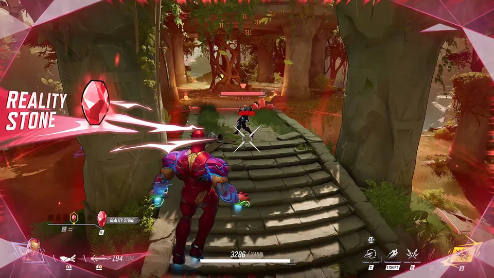A hero in red armor grabbing the Reality Stone on a jungle stairway, with the stone's name flashing on screen