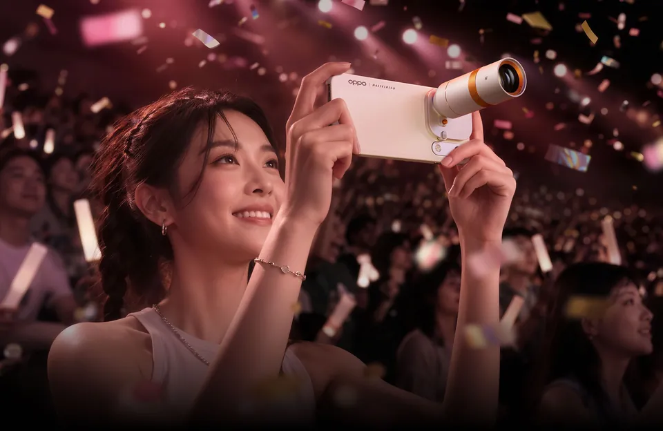 A woman at a concert films with a Find X10 Pro Max fitted with the Hasselblad teleconverter lens
