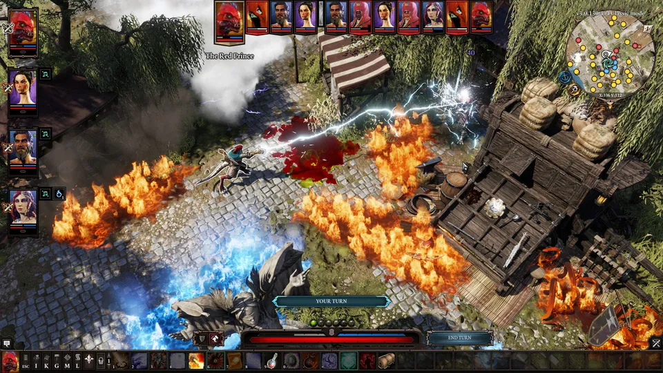 A party fights in turn-based combat as fire and lightning spread across a dock in Divinity: Original Sin 2
