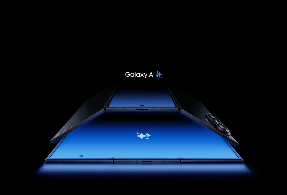 The Galaxy Z TriFold unfolding under blue light, with the Galaxy AI logo above it