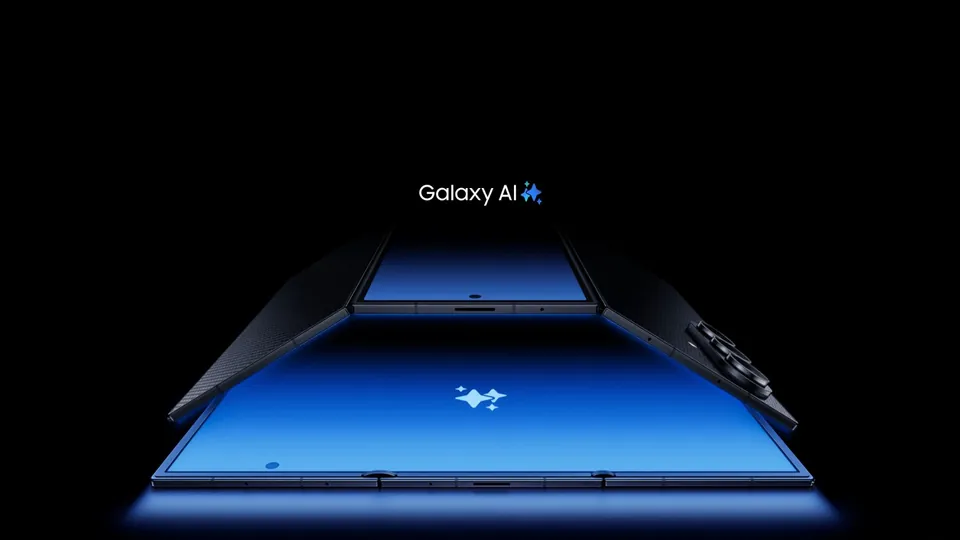 The Galaxy Z TriFold unfolding under blue light, with the Galaxy AI logo above it
