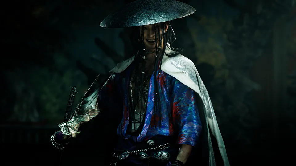 A swordsman in a wide straw hat and a white cape grins in the dark in Onimusha: Way of the Sword