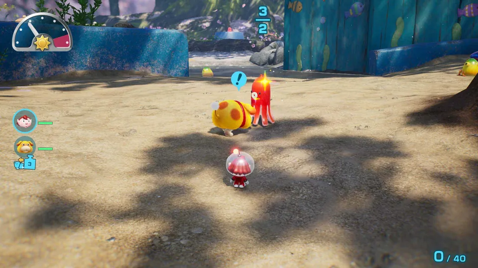 Oatchi and a Red Pikmin stand on a sandy path beside a small explorer in a glass helmet