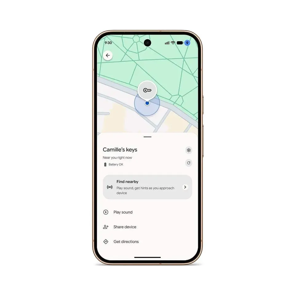 A Pixel phone shows the Find Hub app with a tagged set of keys on a map and options to play a sound, share the device and get directions