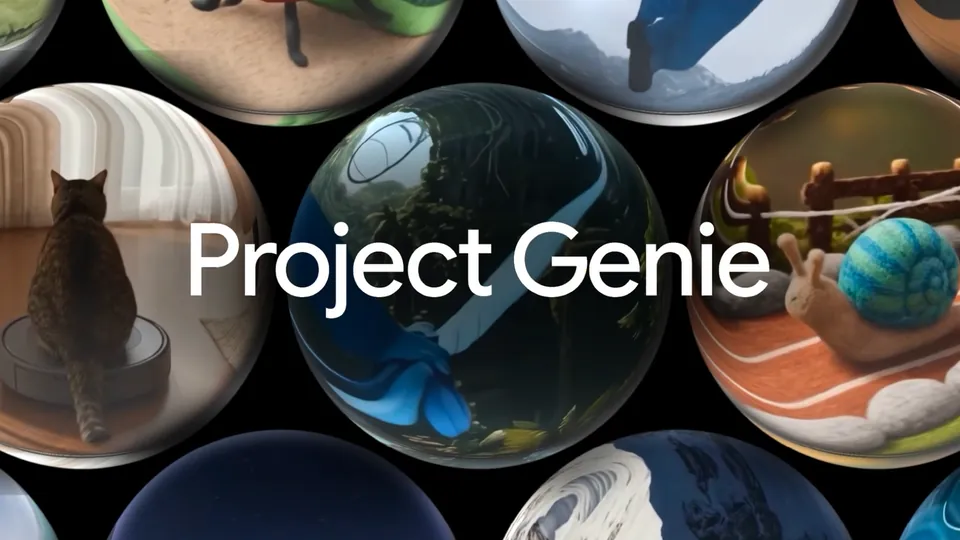 Project Genie title surrounded by bubbles showing generated worlds, including a cat on a robot vacuum and a knitted snail