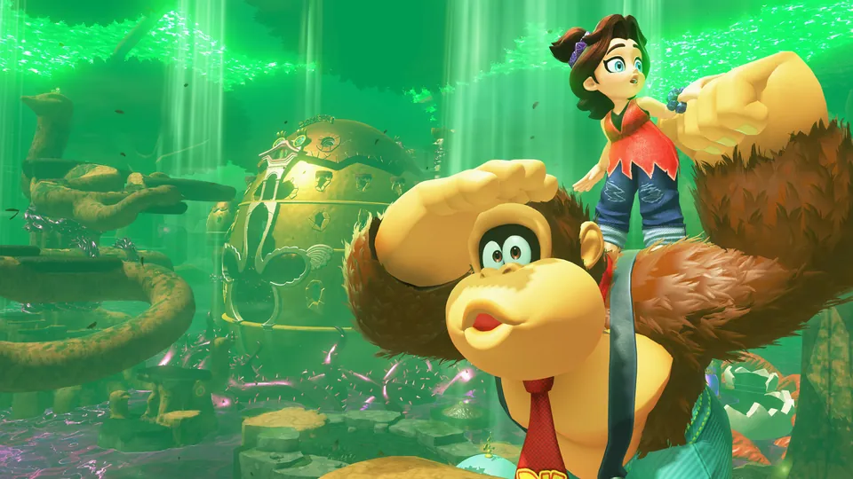 Donkey Kong peers into a green jungle with a young singer riding on one shoulder in Donkey Kong Bananza