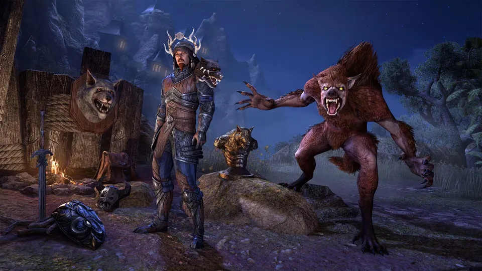 An ESO hero in new monster set armor stands beside a snarling werewolf, with trophies and a sword at a hunters' camp