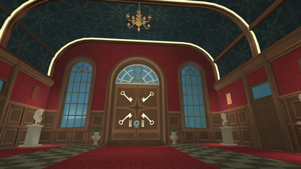 A red hall in the Headmaster's Tower with arched windows and a wooden door decorated with golden keys in Escape Academy 2