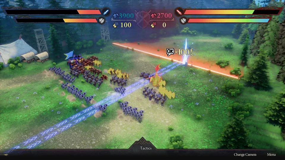Two armies clash on a forest battlefield in the war mode of Romancing SaGa 3: Destinies United