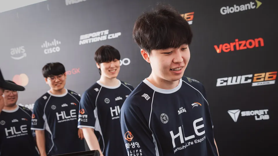 Hanwha Life Esports players smile at the media wall at the MSI 2026 Grand Finals in Daejeon, South Korea