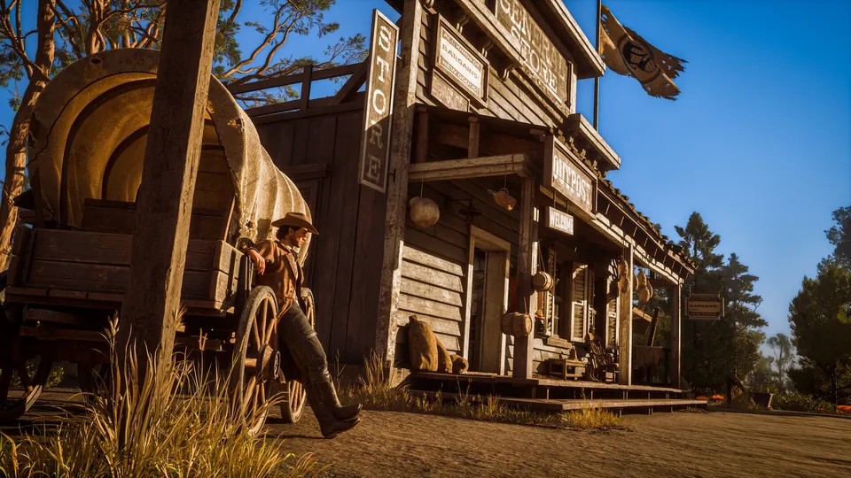 A covered wagon parked by a wooden saloon in a pine-forest town