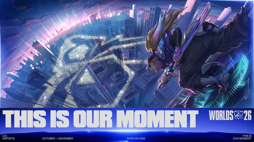 Worlds 2026 key art: a League of Legends champion leaps above a glowing city under the slogan This Is Our Moment