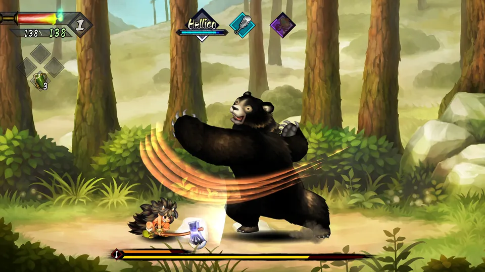A small fighter spins a blade against a huge black bear in a forest in Muramasa: Revenant Blades