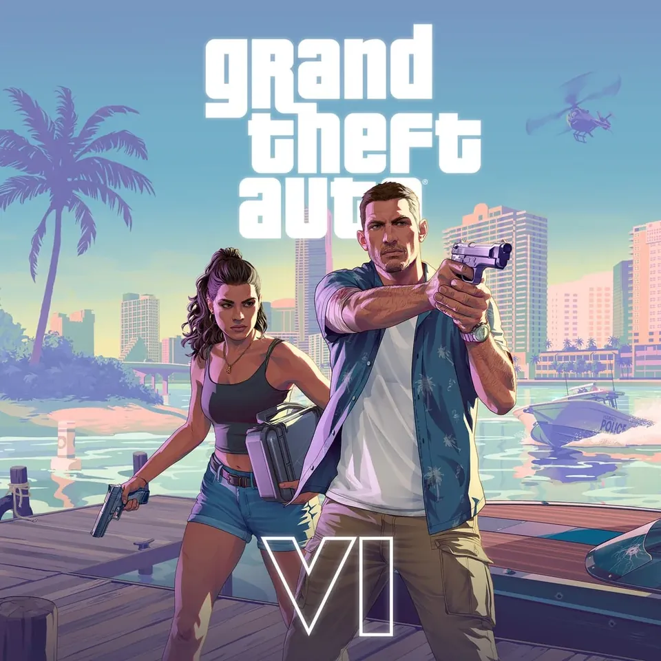 Two GTA 6 characters aim pistols on a Vice City dock under the Grand Theft Auto VI logo.