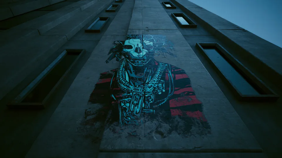 Cyberpunk 2077 skull mural painted across a concrete tower in Night City