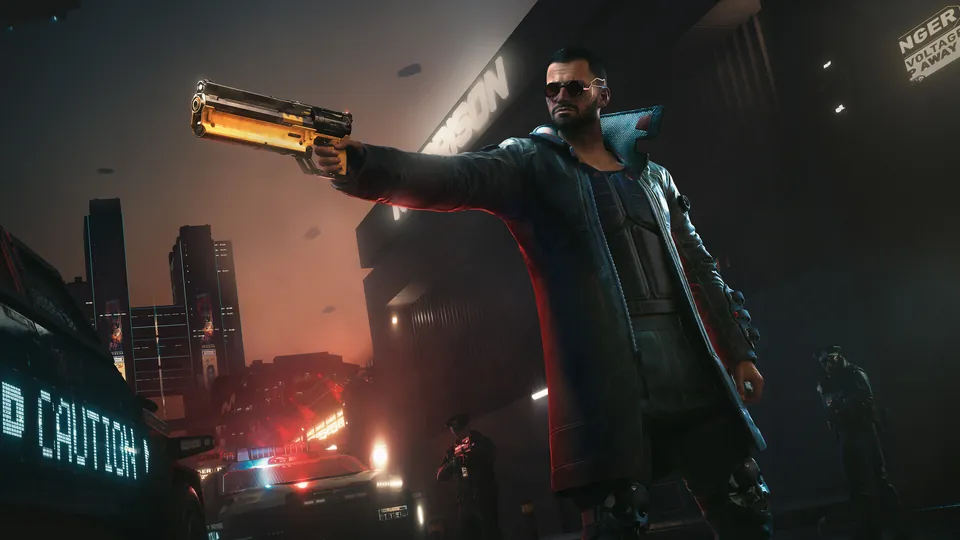 Cyberpunk 2077 character in sunglasses and a long coat aiming a gold pistol on a night street lined with police cars