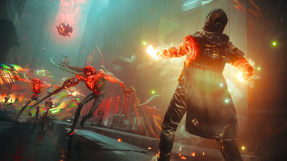 Dylan Faden, hands glowing with orange paranatural energy, faces red, twisted creatures on a rainy Manhattan street in Control Resonant
