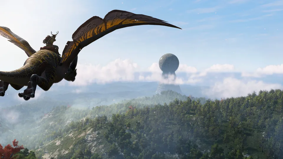 A player rides a winged creature over a forested valley toward a tall tower topped by a giant sphere in Light No Fire