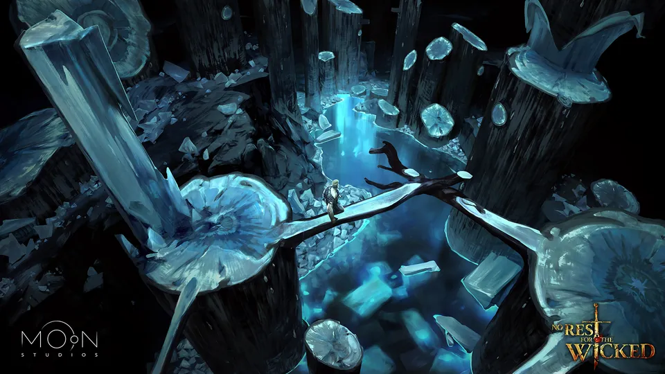 Sylvan Hollow, a petrified forest of blue crystal structures and sapphire pools in No Rest for the Wicked