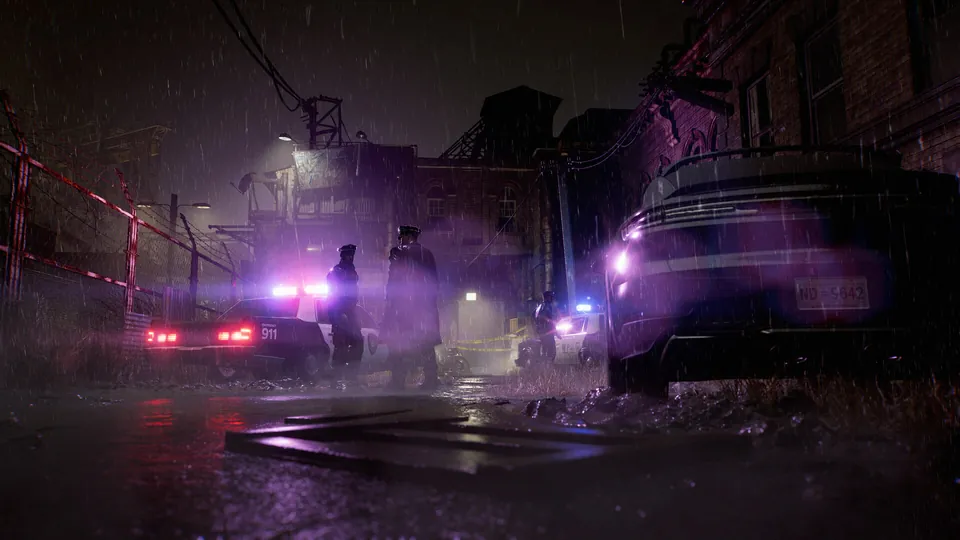 Police cars with flashing lights sit on a rain-soaked street at night beside a dark building