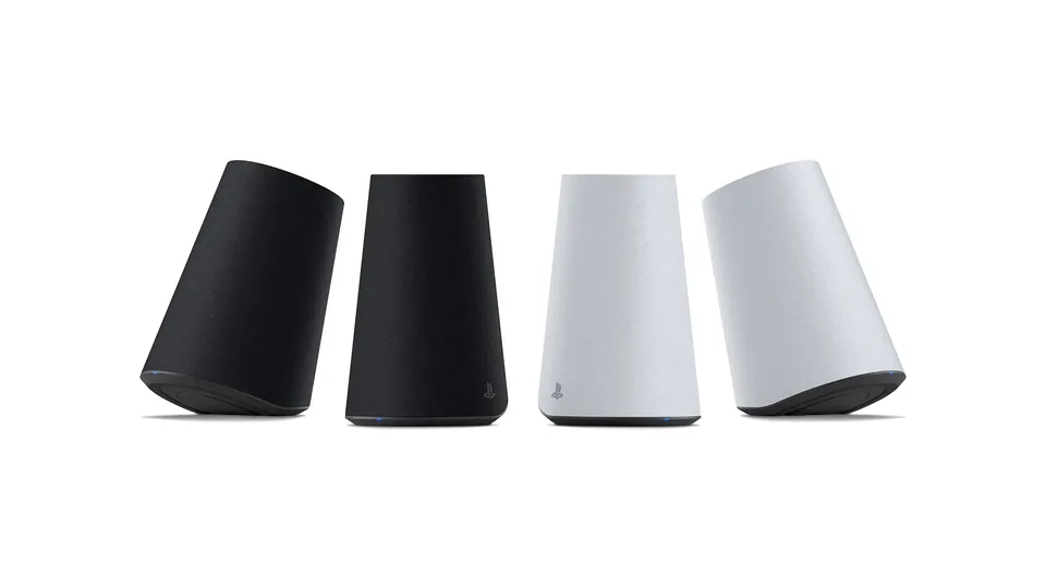Four PlayStation Pulse Elevate wireless speakers in a row, two in Midnight Black and two in White, with the outer pair tilted on angled bases