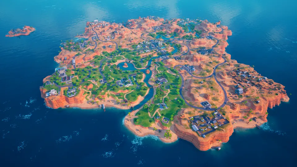 An aerial view of a Fortnite island ringed by red cliffs