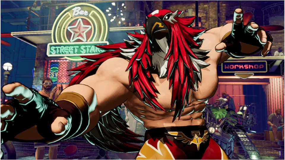 A masked wrestler poses in front of the Street Stars bar sign in Fatal Fury: City of the Wolves
