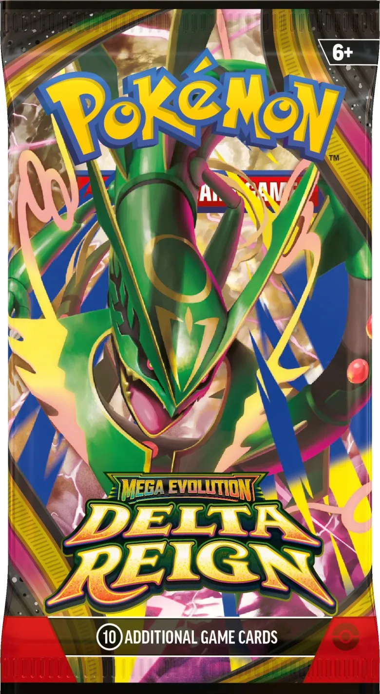 Delta Reign booster pack wrapper with Mega Rayquaza over the set logo and the line 10 additional game cards