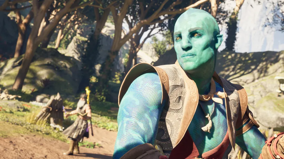 A blue-green Aumaua companion in a leather vest stands in a sunlit forest clearing