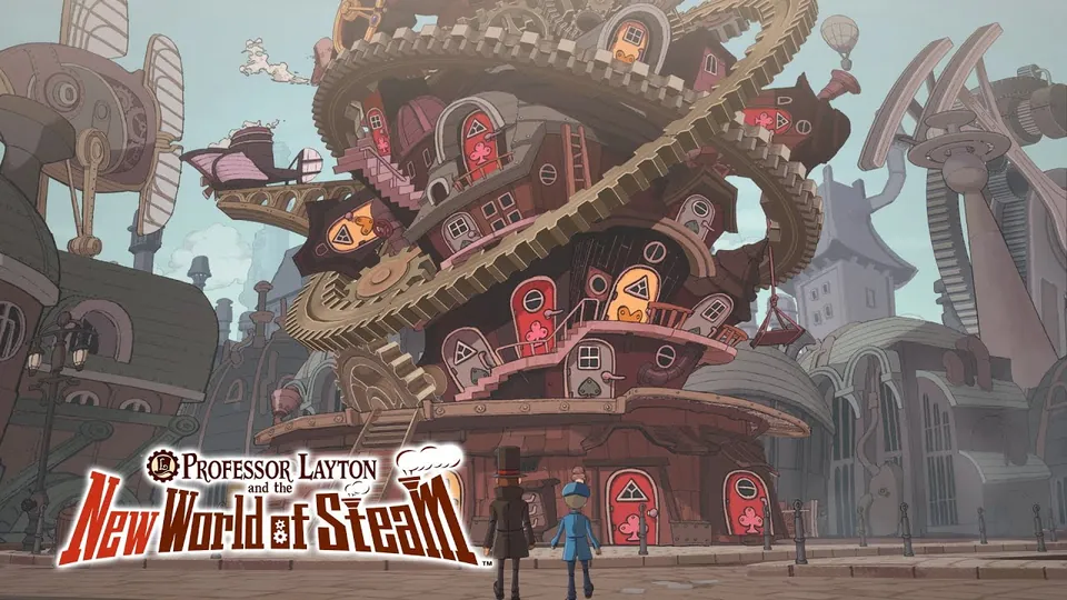 A towering gear-covered building with red windows rises over a square where Layton and Luke stand
