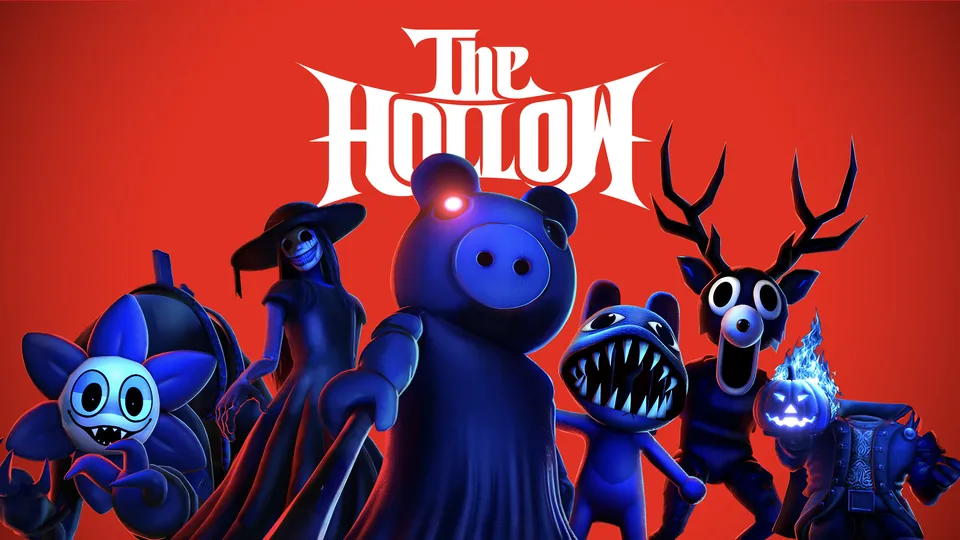 The Hollow logo above Piggy, the Deer and other Roblox horror monsters lit in blue on a red background