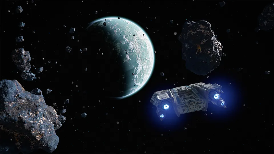 The Trailblazer flies through an asteroid field near a pale planet in Star Wars Outlaws on Nintendo Switch 2