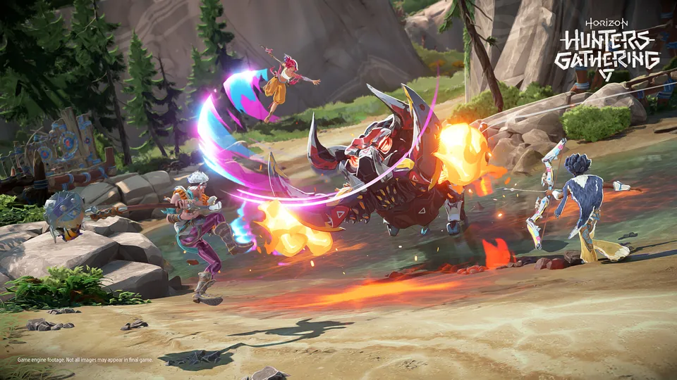 Three Hunters attack a large machine with glowing weapons in a rocky forest clearing in Horizon Hunters Gathering