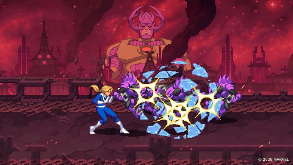The Invisible Woman in a blue Fantastic Four suit shatters a group of purple enemies with a force-field blast under a red sky