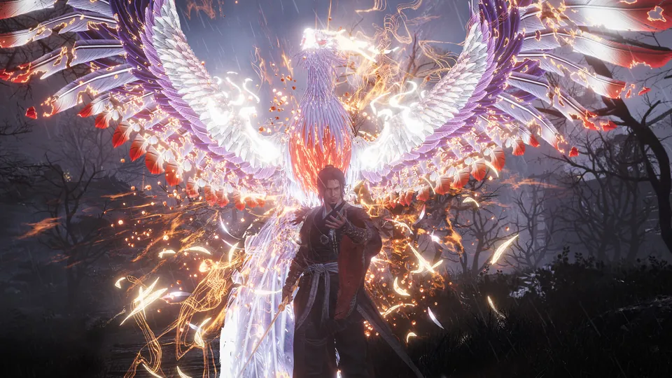 A warrior stands in front of the glowing wings of a phoenix in Wo Long 2