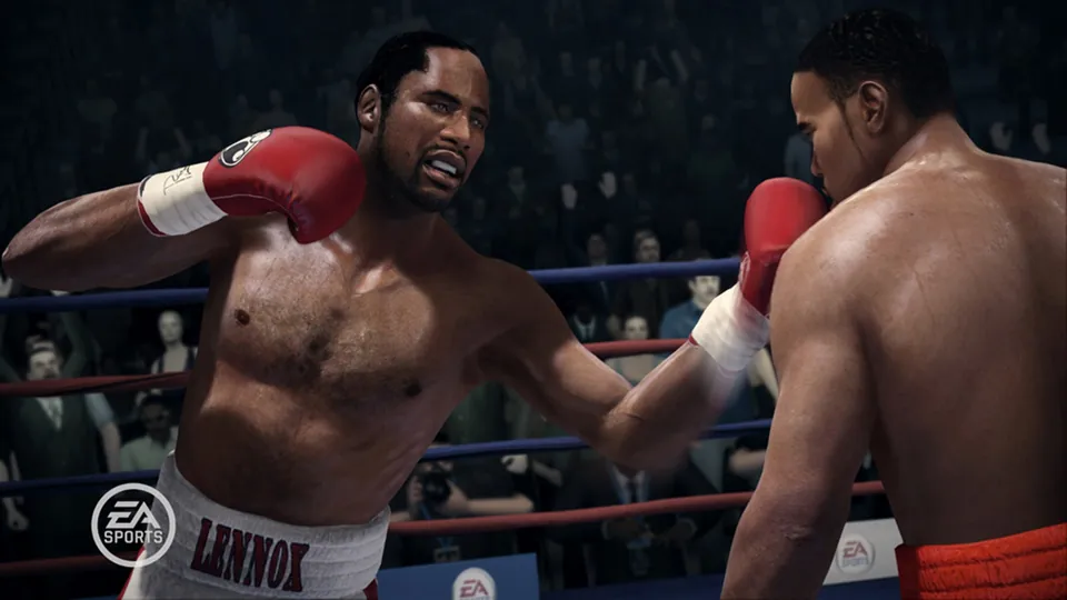 A heavyweight in trunks lettered Lennox throws a left hook in front of a packed crowd in Fight Night Champion