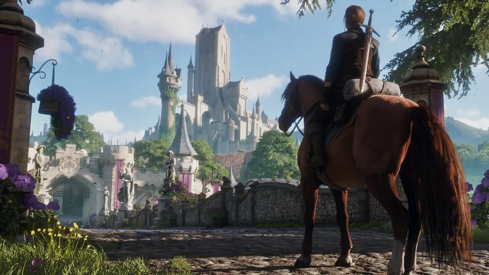 A Fable hero on horseback looks toward a white castle above a sunny Albion town