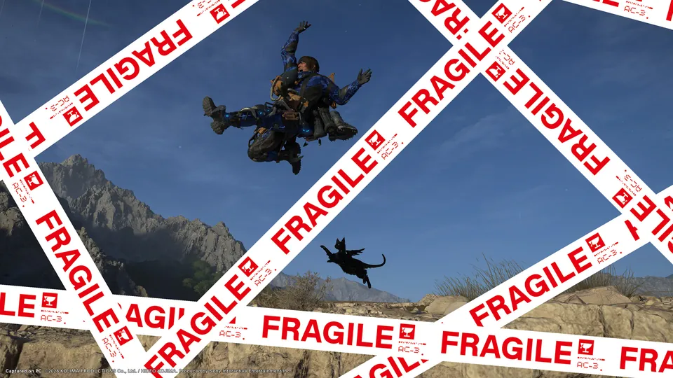Sam falls through the sky with cargo and a black cat, framed by red FRAGILE tape over a rocky landscape