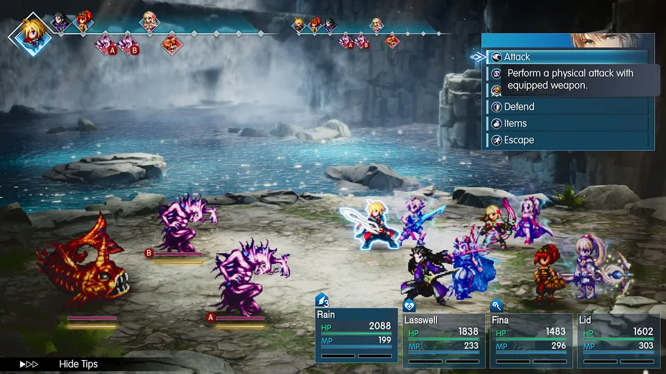 A turn-based battle by a waterfall, with Rain, Lasswell, Fina and Lid facing pixel-art monsters and the command menu open