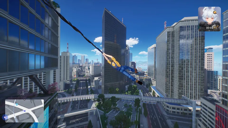 A character swings on a line between glass skyscrapers high above the streets in Ananta