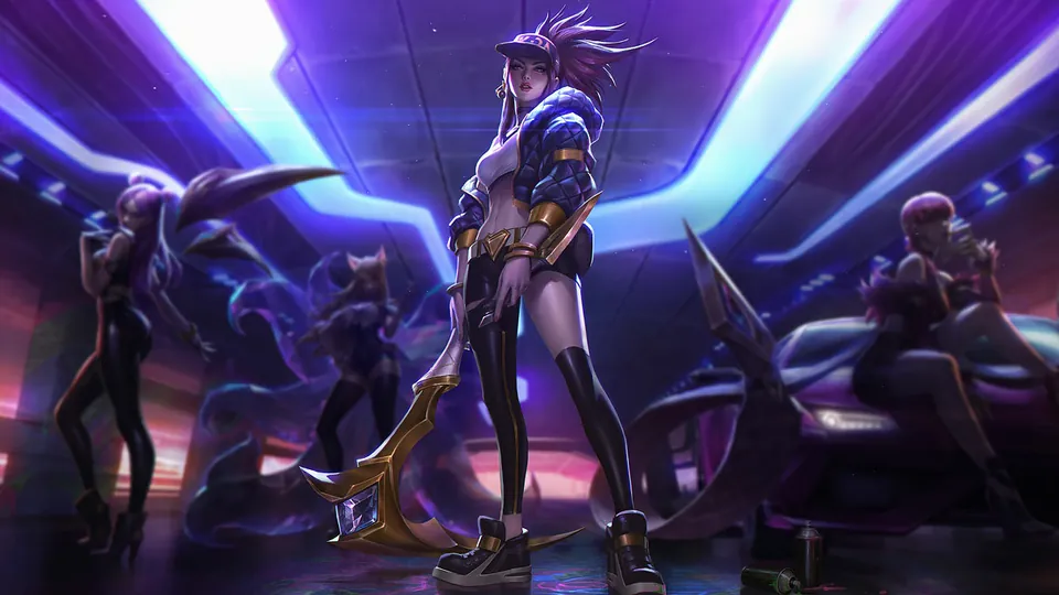 K/DA Akali in a cap and jacket holding a kama in a neon garage