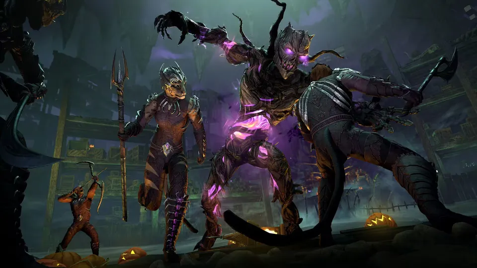ESO players with a bow and a trident fighting a Dremora brute surrounded by jack-o'-lanterns