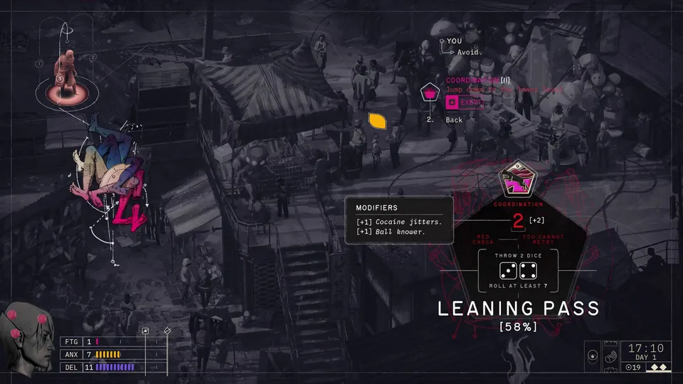 A Coordination check called Leaning Pass shows a 58% chance on two dice over a crowded street in Zero Parades