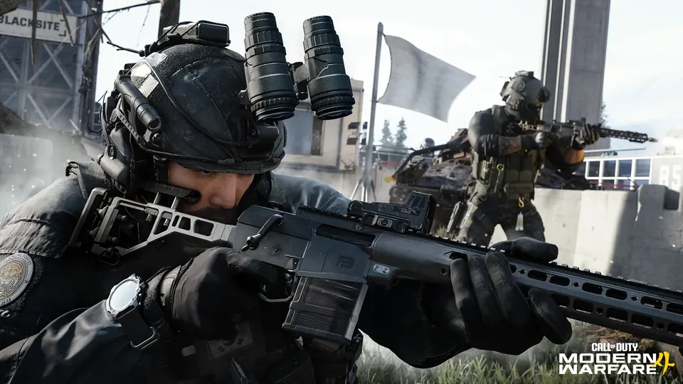 An operator with night vision goggles aims a rifle near a Blacksite sign in Modern Warfare 4 multiplayer